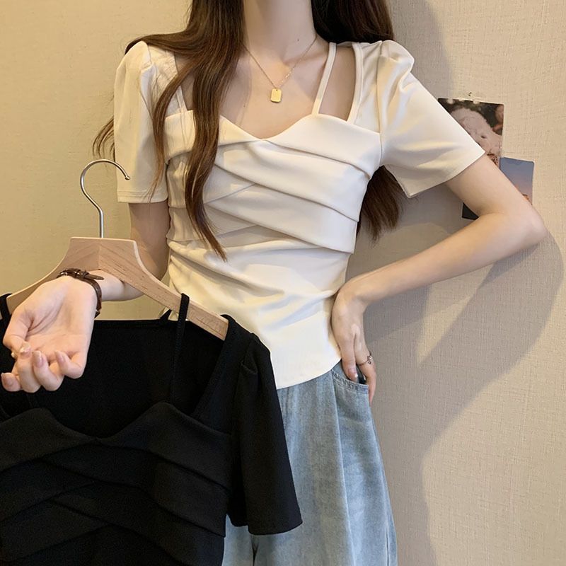 陌伯格大碼方領短袖t恤女新款夏季設計感小眾法式短款顯瘦上衣