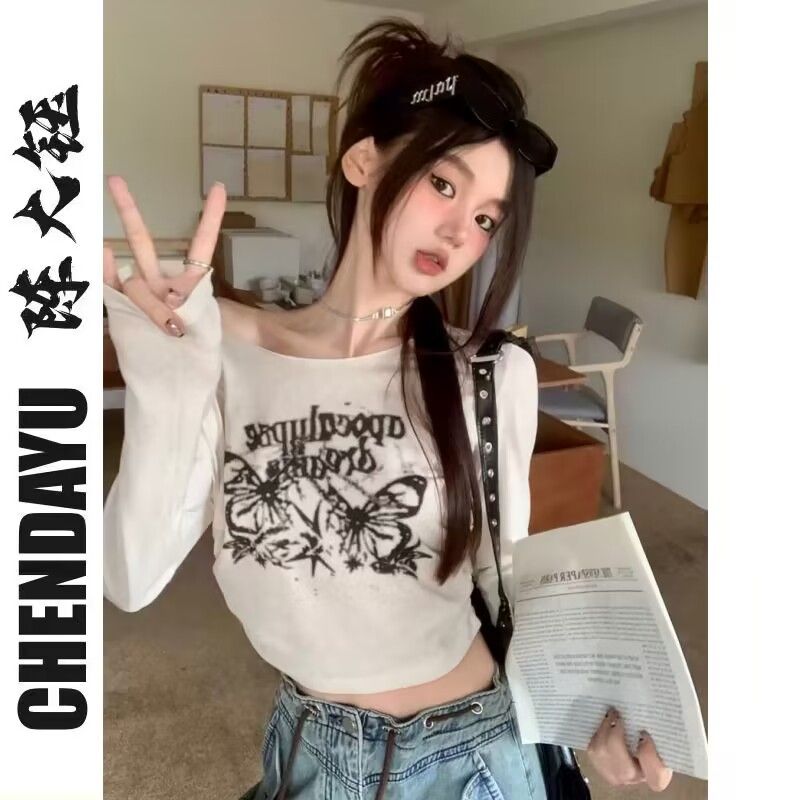 陳大鈺美式復古蝴蝶印花長袖T恤女秋季抽繩寬鬆打底衫薄款上衣