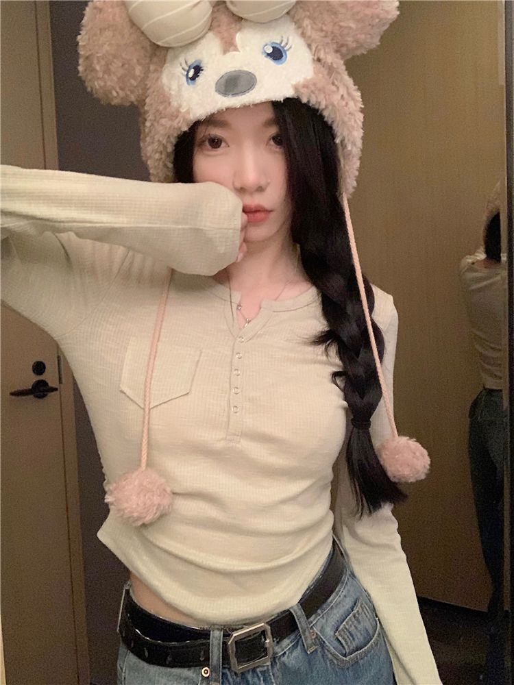 設計感修身短款T恤女早秋內搭打底衫小個子正肩長袖小眾褶皺上衣