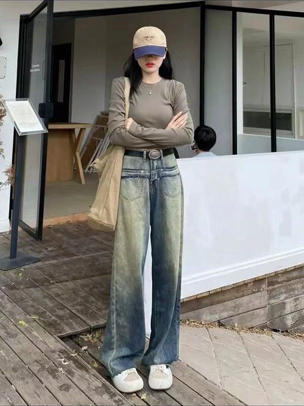 復古闊腿牛仔褲女2023秋季新款大碼設計感顯瘦直筒設計感拖地褲