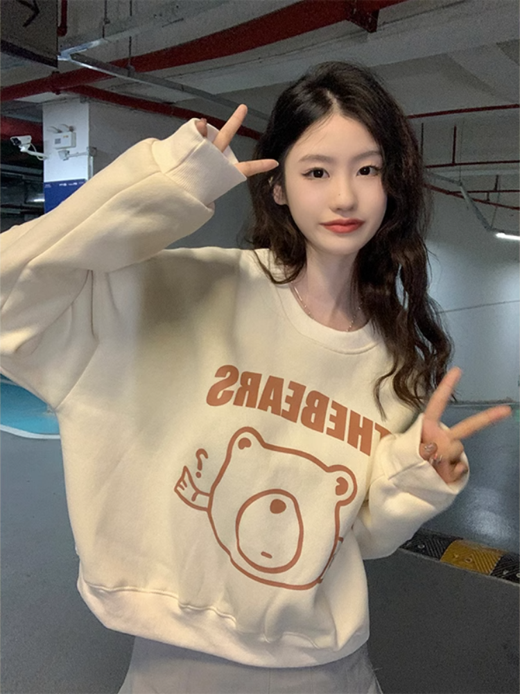 獨特别致學院風小熊圓領新款寬鬆顯瘦短款長袖衛衣外套女學生百搭