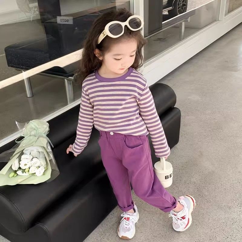 Internet celebrity big children's long-sleeved striped top and long pants two-piece set, trendy and fashionable, spring and autumn pure cotton suit for girls, western style