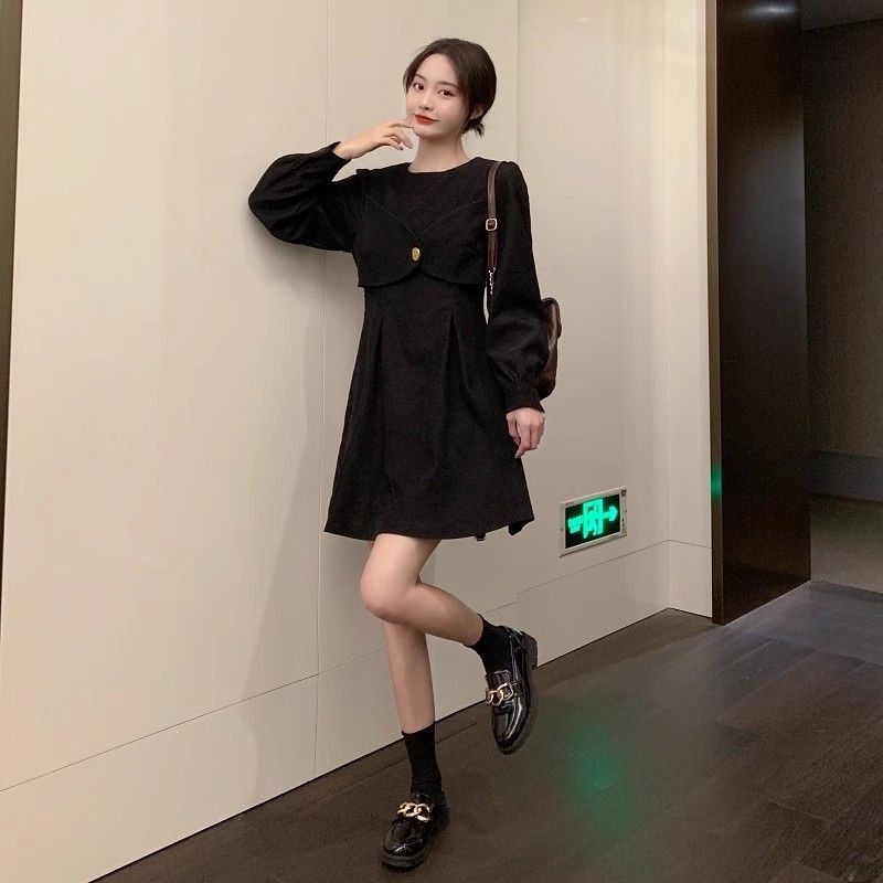 初秋早秋季法式高級感假兩件內搭A 字裙休閒胖妹妹收腰顯瘦連衣裙