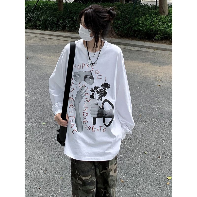 美式復古t恤女oversize秋季手繪字母印花寬鬆圓領長袖白色上衣潮