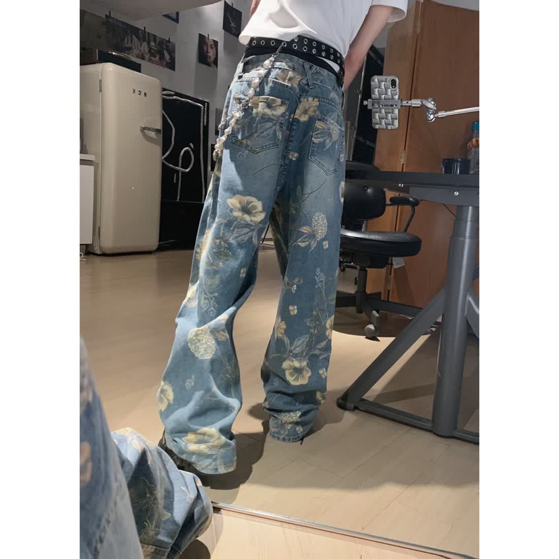 American Retro Flower Pattern Straight Jeans Men's Trendy Versatile Loose Wide Leg Pants Pattern Xiao Yang Ge