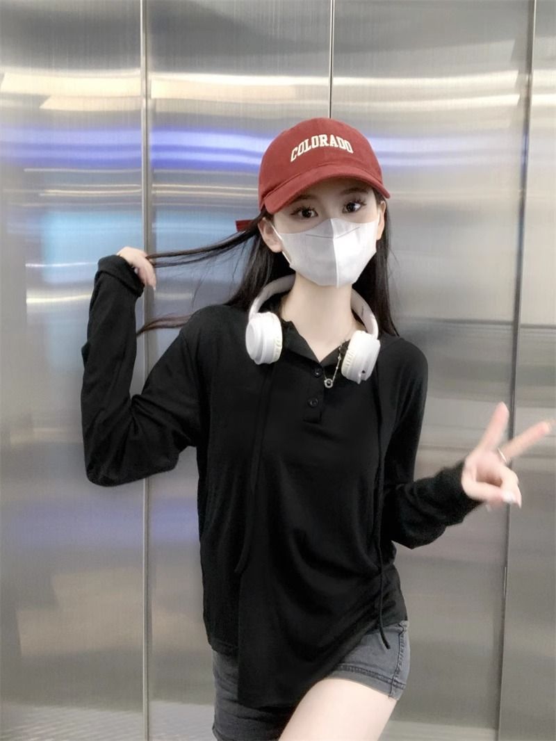 純欲風打底衫長袖T恤女2023秋冬休閒百搭紐扣純色連帽顯瘦上衣ins