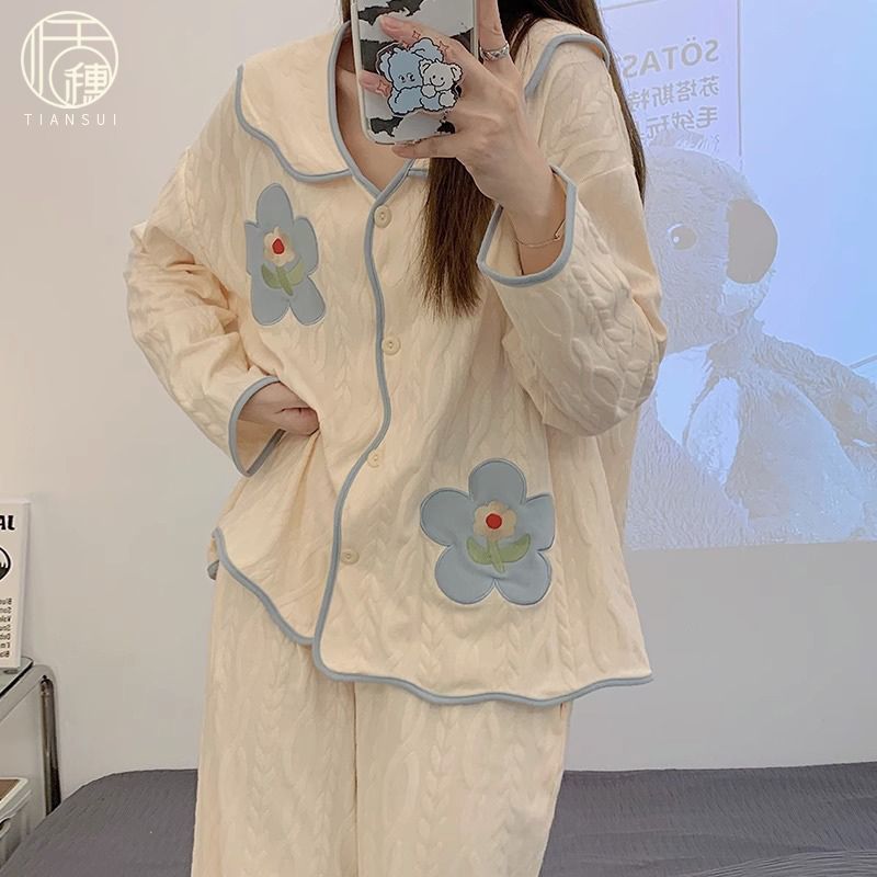 2023年春秋季新款純棉長袖睡衣女士甜美花朵田園風少女家居服套裝
