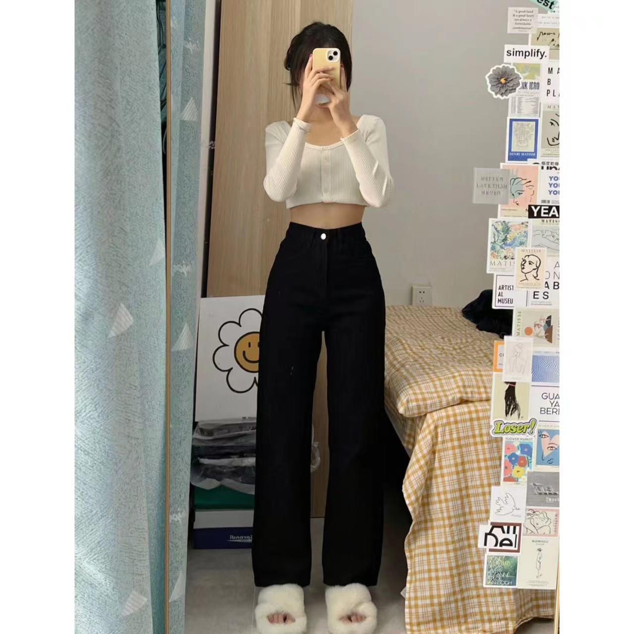 黑色直筒牛仔褲女拖地加長褲水洗百搭彈力顯瘦秋冬季百搭簡約潮流