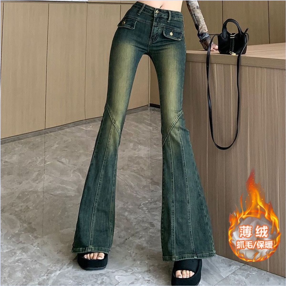 高腰修身顯瘦微喇褲女2023彈力新款港風復古氣質水洗做舊牛仔長褲