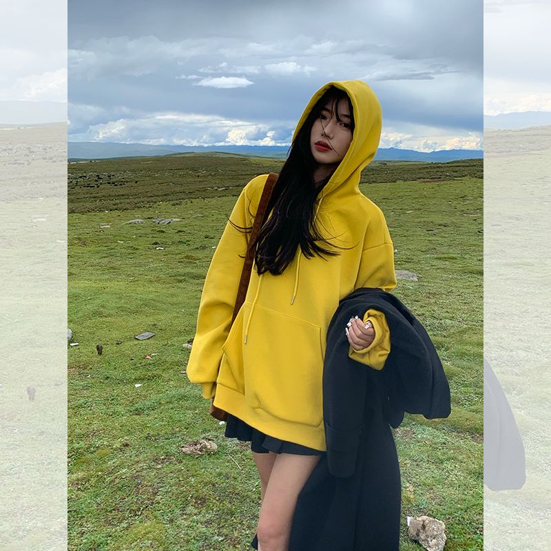 黃色連帽加絨衛衣女秋冬款2023新款設計感小眾爆款秋冬加厚上衣潮