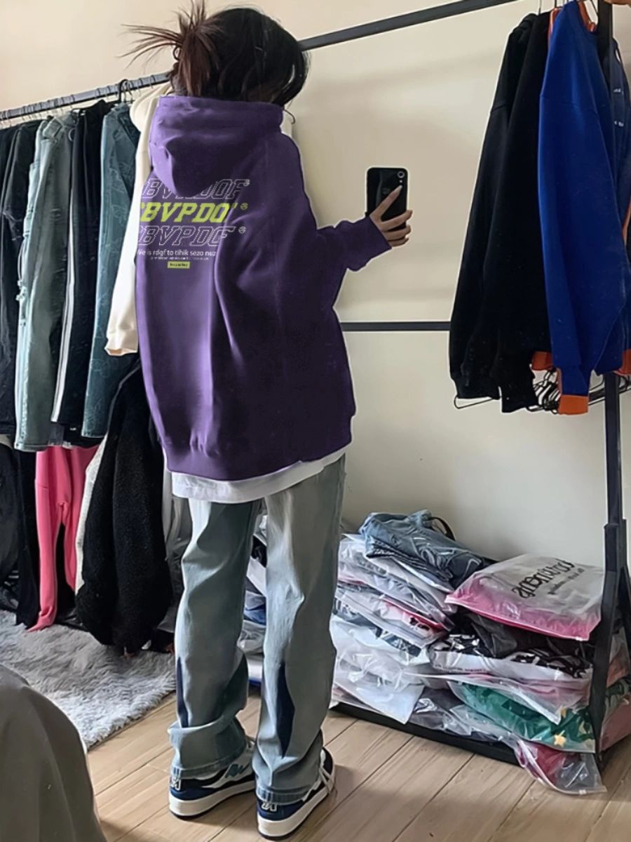 春秋紫色重磅衛衣oversize潮牌小眾美式復古正肩加絨情侶裝外套女