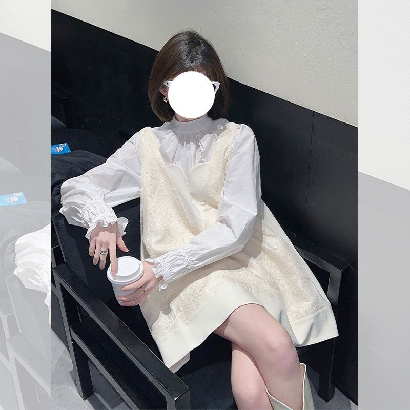 法式小香風白色襯衫背帶連衣裙女秋季高級設計感小眾小個子兩件套