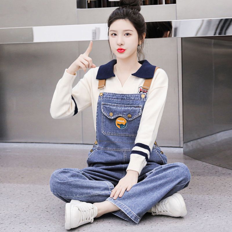 牛仔背帶褲少女秋冬裝2023新款初中高中學生時尚減齡毛衣兩件套裝