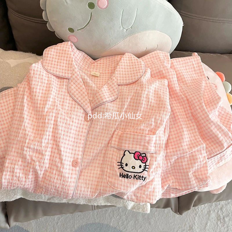hellokitty格子睡衣女春秋季長袖長褲ins學生宿舍居家服套裝外穿