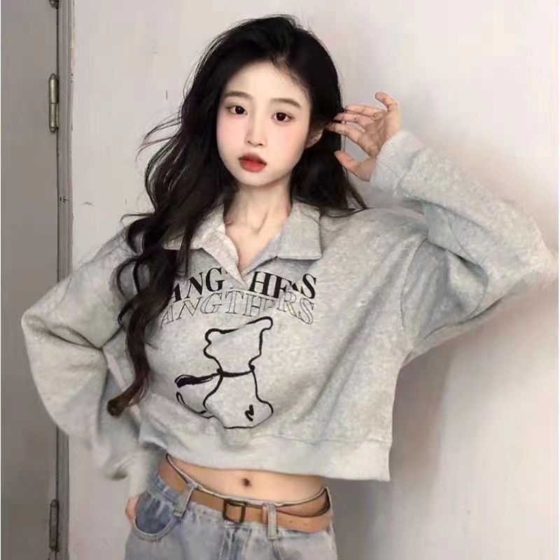 潮流辣妹短上衣長袖慵懶風翻領字母衛衣女設計感小眾寬鬆短款上衣