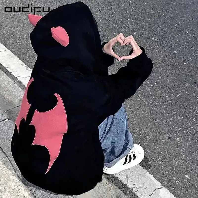 美式復古惡魔衛衣女2023早秋新款薄款小眾高街hiphop潮牌外套上衣