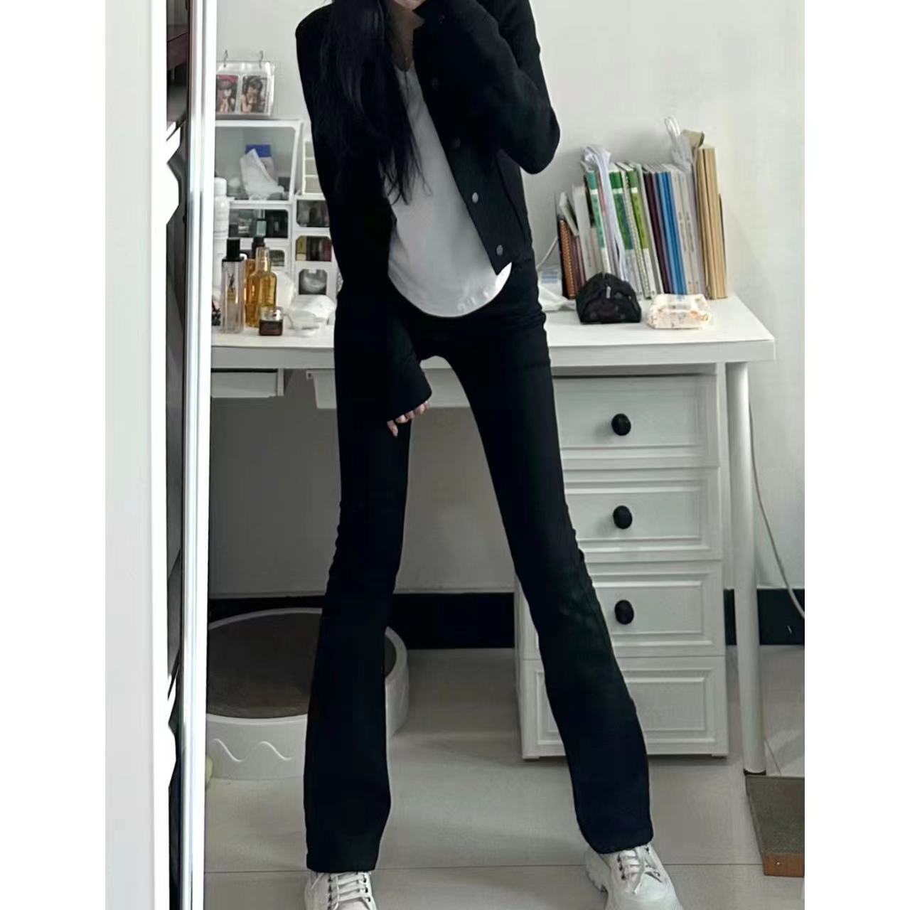 秋冬季黑色微喇叭牛仔褲女修身顯瘦拖地加長褲馬蹄褲美式水洗彈力