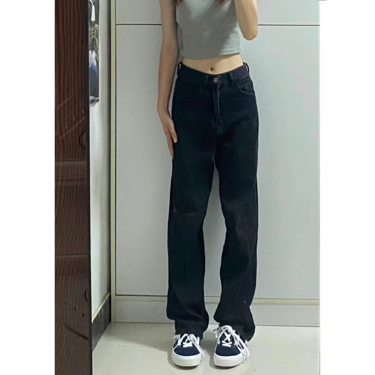 秋冬季黑色直筒牛仔褲女彈力寬鬆水洗韓版拖地加長褲梨形韓版美式
