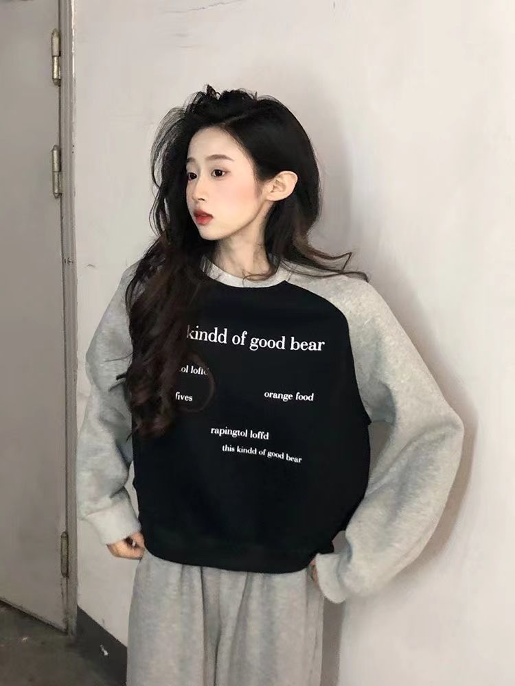 復古港風無帽衛衣女寬鬆韓版學院風上衣春秋薄款設計感小眾學生