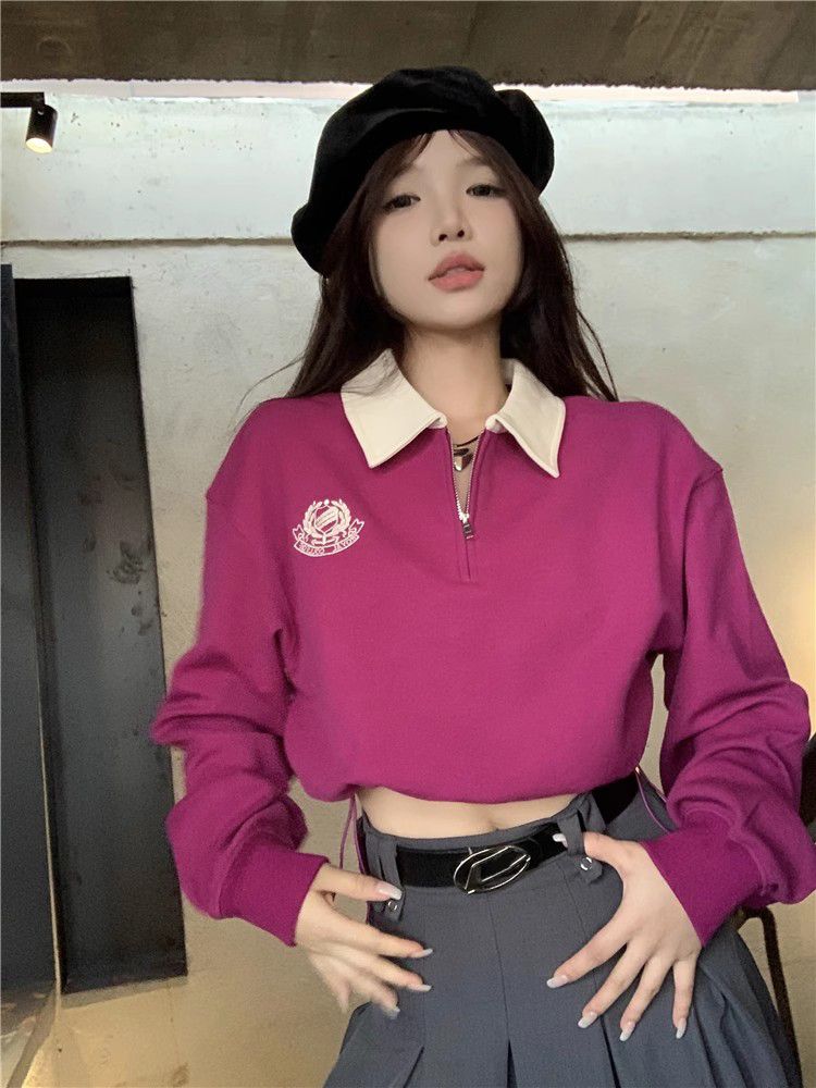美式Polo玫紅長袖衛衣女秋季2023新款刺繡撞色短款甜美學院風上衣