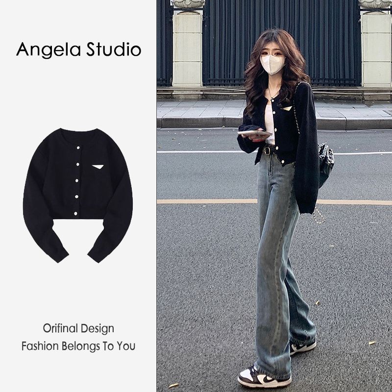 小眾黑色內搭針織衫毛衣女秋季設計感慵懶風長袖上衣短款開衫外套