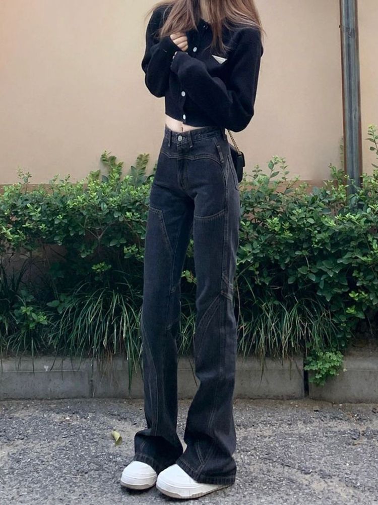 美式分割線微喇牛仔褲女秋季新款低腰寬鬆顯瘦直筒拖地喇叭褲子潮