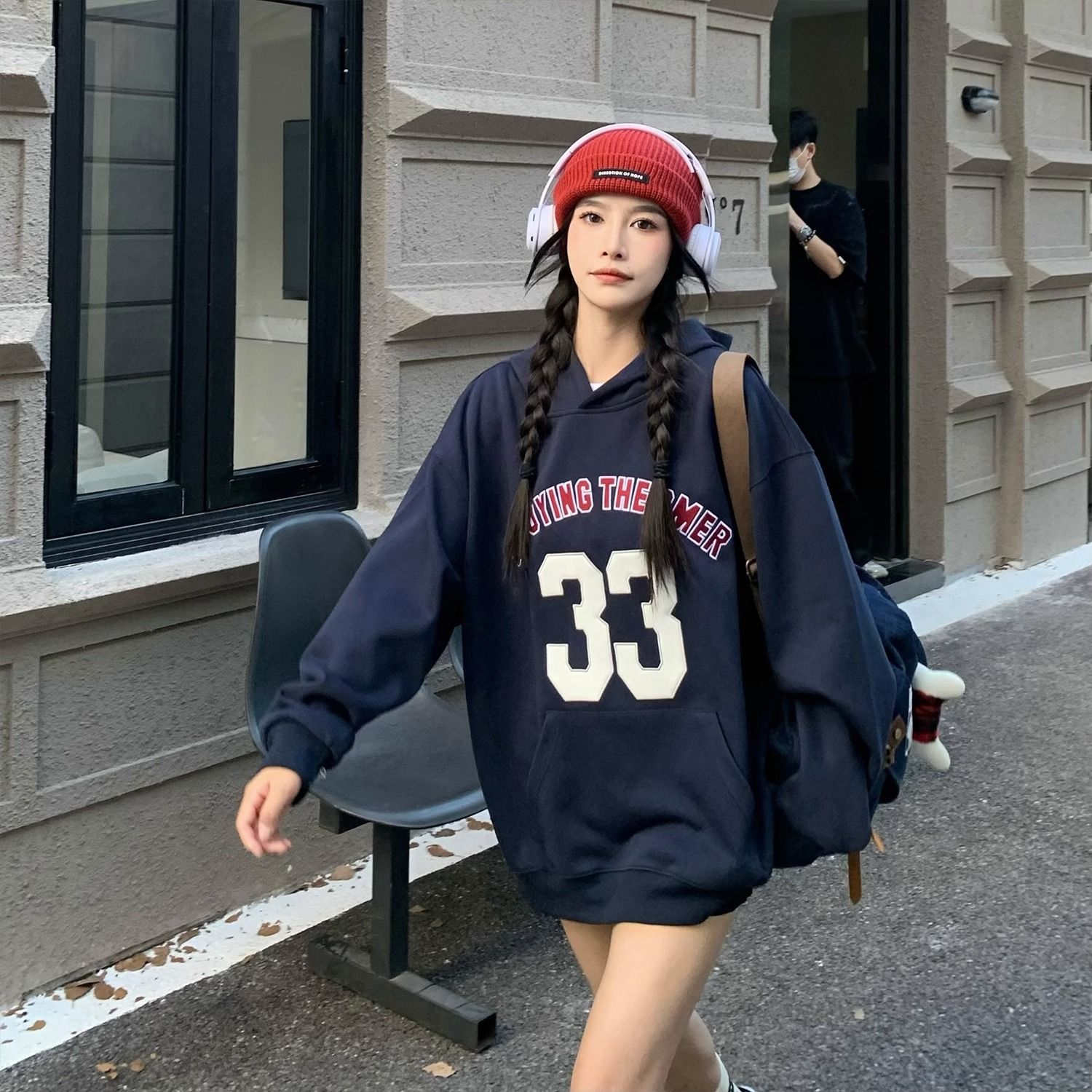 100%純棉美式復古印花連帽衛衣女秋冬季新款情侶帽衫中長款上衣潮