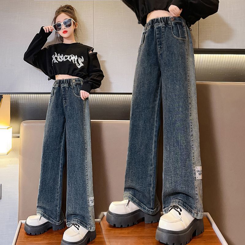 女童牛仔褲春秋款洋氣中大童時尚百搭外穿秋裝闊腿褲兒童秋季褲子
