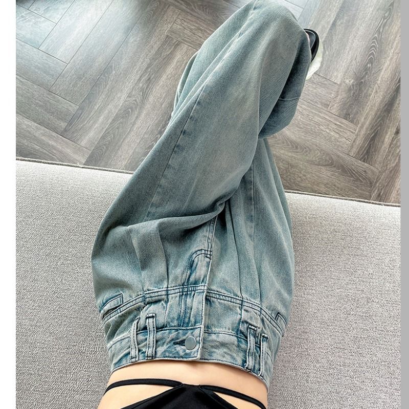 YSYOURS淺色闊腿牛仔褲女春秋高腰顯瘦垂感拖地大碼設計感直筒褲