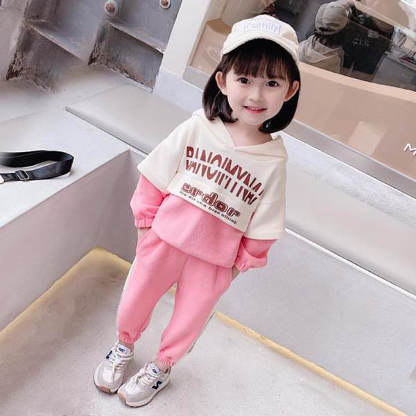  Spring and Autumn New Girls Color Matching Hooded Sweatshirt Fashionable Small and Medium-sized Children Baby Casual Sports Pants Two-piece Set