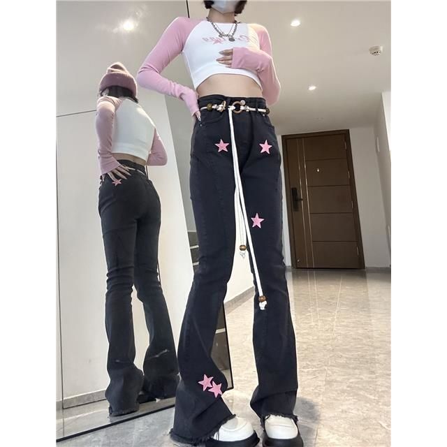 vibe風顯瘦刺繡星星高腰微喇叭牛仔褲女春秋美式復古修身辣妹褲子