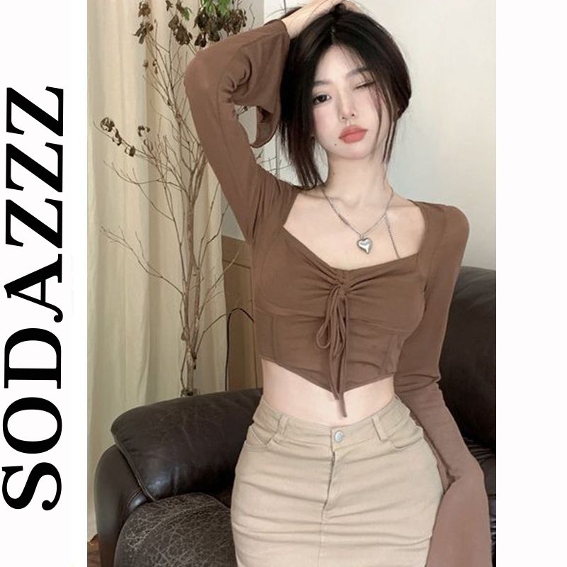 辣妹方領魚骨長袖T恤女秋季2023新款束腰短款純欲緊身上衣打底衫
