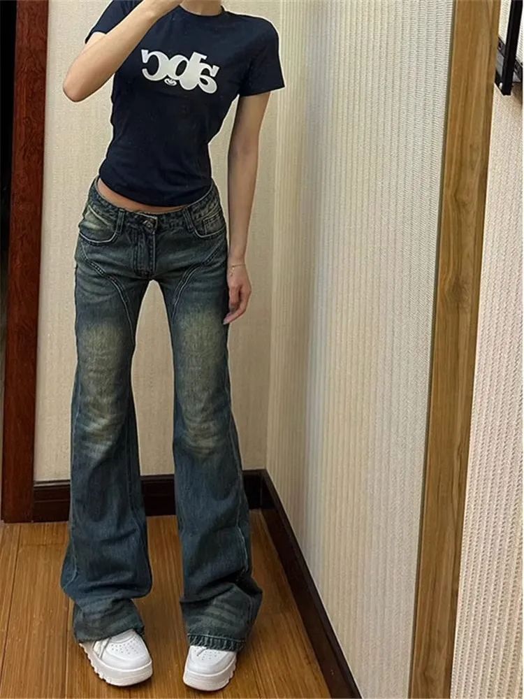 美式高街微喇叭低腰牛仔褲女2023秋季新款做舊直筒顯瘦拖地褲ins