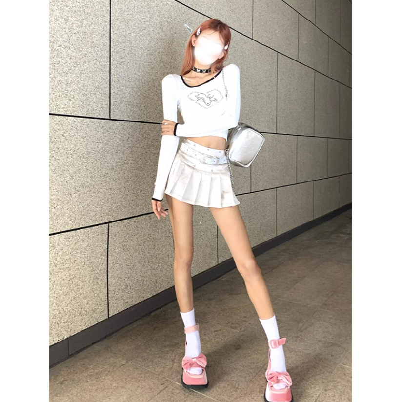 2023年美式辣妹長袖T恤女秋季小羊印花圓領修身顯瘦百搭拼色上衣