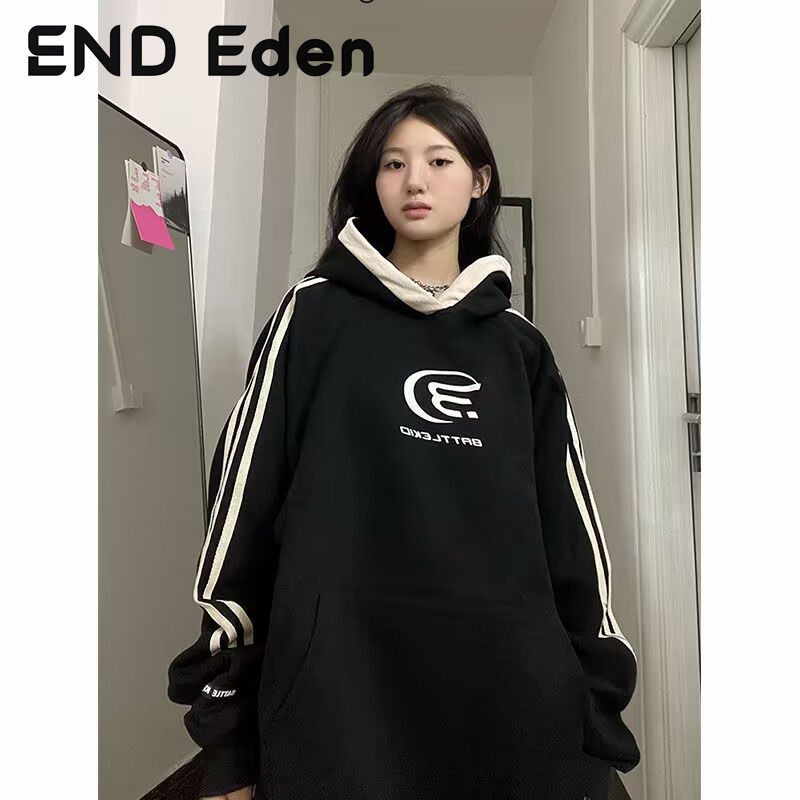 ENDEDEN重工拼接印花字母連帽衛衣女慵懶風秋季新款韓版上衣帽衫