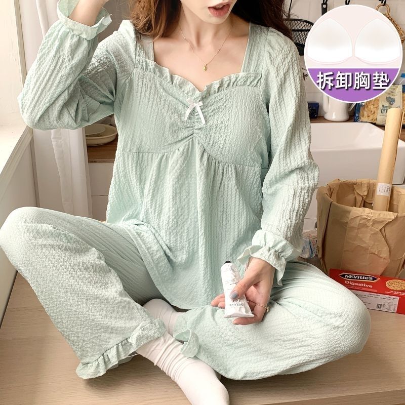 自帶胸墊睡衣女春秋薄款長袖可外穿公主風棉內衣胸罩杯家居服套裝