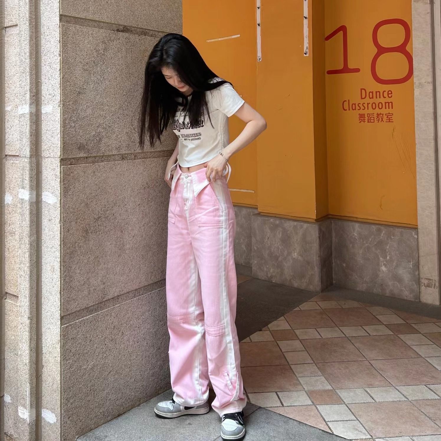 多巴胺粉色漸變穿搭牛仔褲女小香翻邊設計闊腿褲寬鬆顯瘦直筒褲子