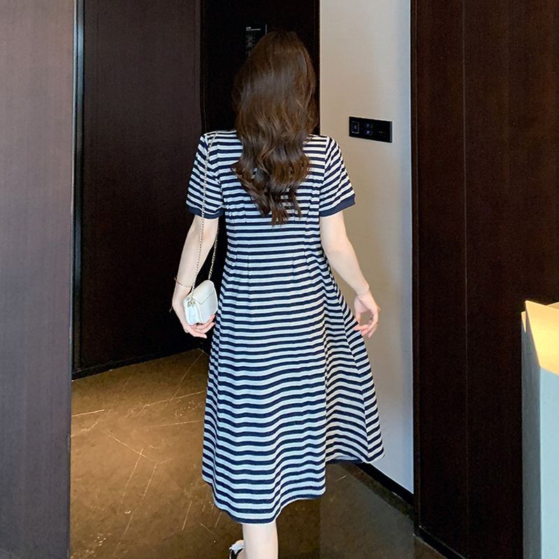 夏季新款休闲通勤裙子韩版宽松针织条纹时尚短袖中长裙显瘦连衣裙