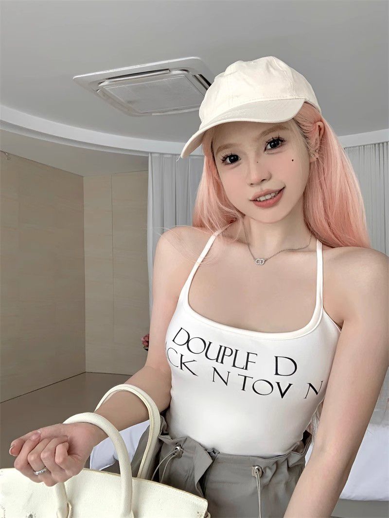美式復古小眾字母印花吊帶小背心女夏季歐美露背無袖短款上衣外穿