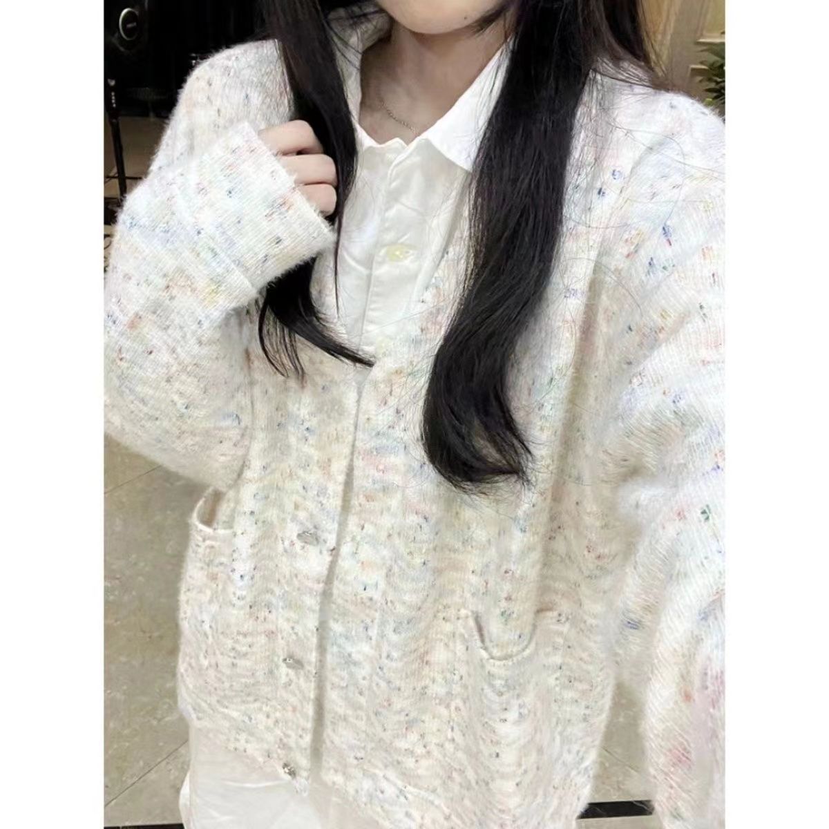 美式彩色開衫毛衣外套女春秋寬鬆慵懶風休閒百搭軟糯V領針織上衣