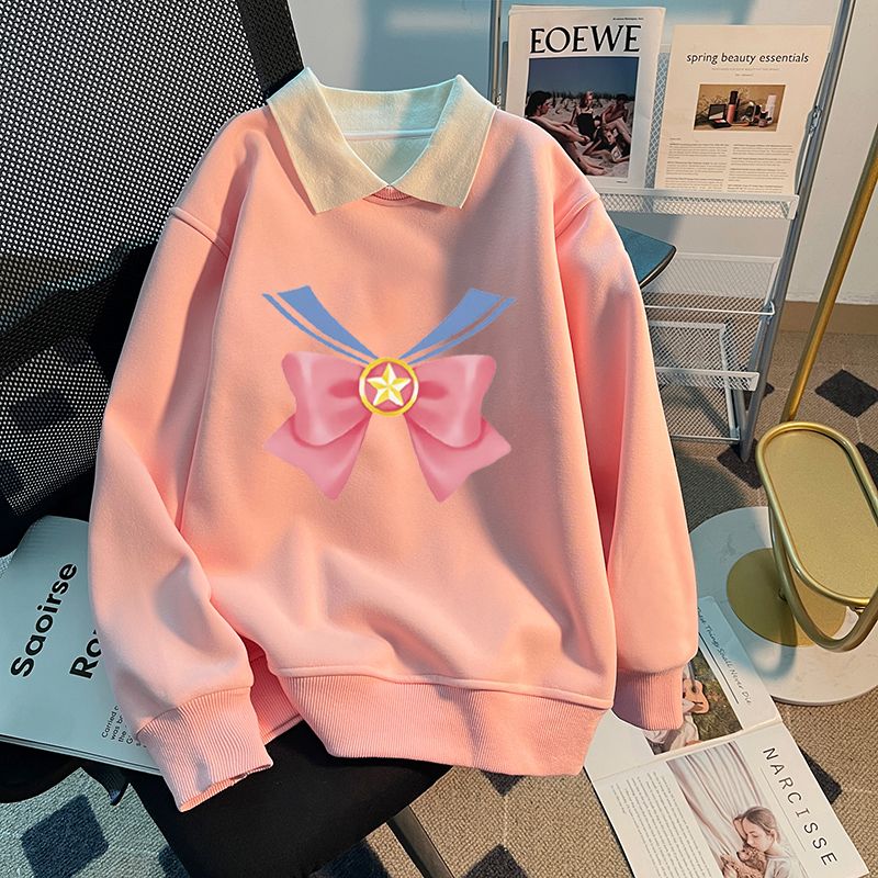 Girls sweatshirt spring and autumn cartoon lapel polo shirt Korean version versatile trendy fashionable thin casual bottoming shirt