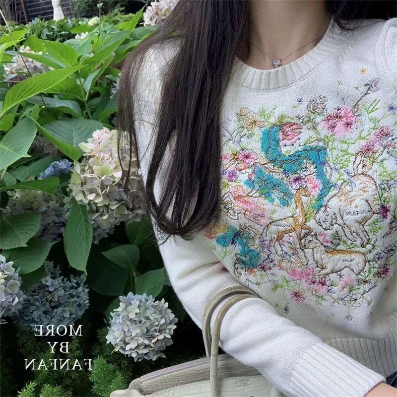 韓版復古百搭彩色花朵小鹿重工刺繡針織衫長袖套頭洋氣顯瘦毛衣女