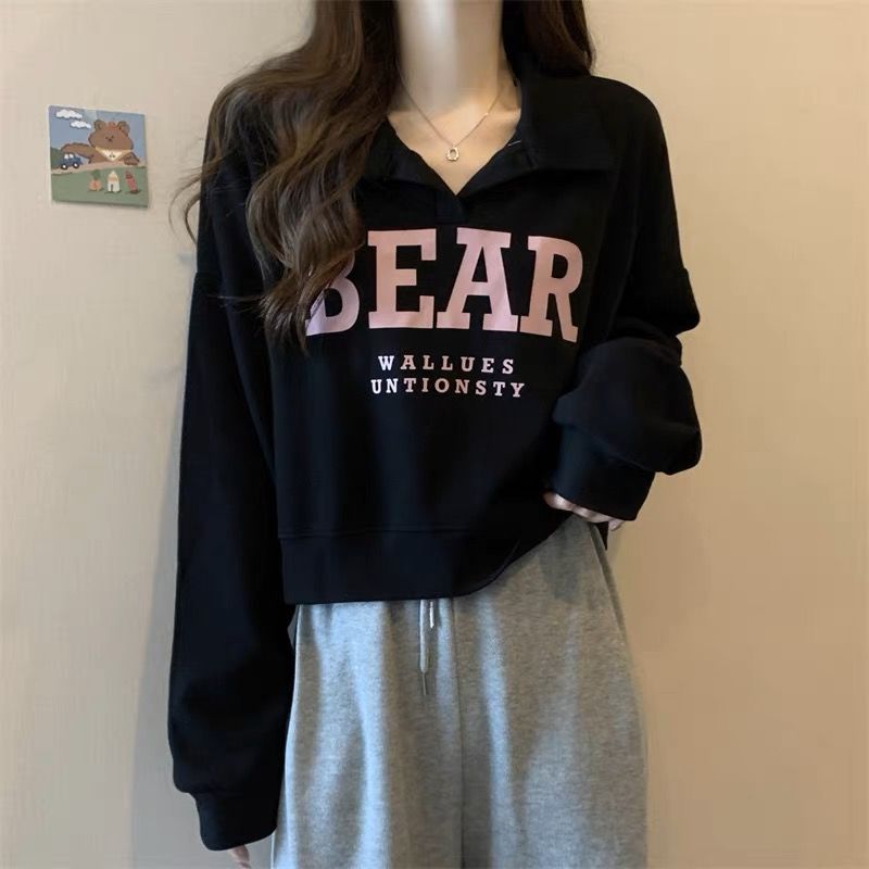 甜妹薄款印花短款長袖上衣女學生韓版秋季衛衣v領寬鬆高腰百搭t恤