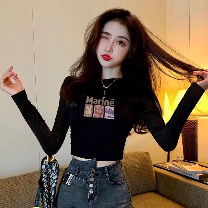 黑色打底衫女裝2023早秋季新款修身顯瘦內搭長袖t恤甜辣妹小上衣