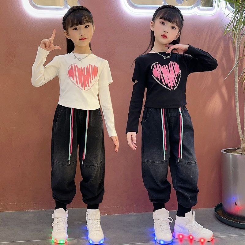 女童秋季時尚套裝韓版時髦卡通汽車長袖T恤彩色拉鏈牛仔褲套裝潮