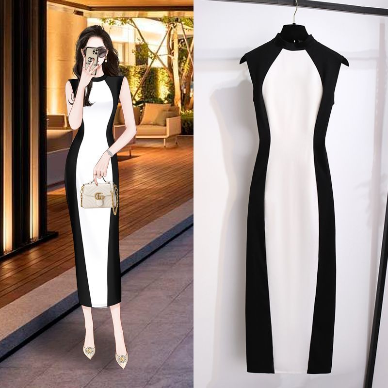 French luxury heavyweight! Design niche black and white contrast dress women's summer French hip-hugging sleeveless long dress