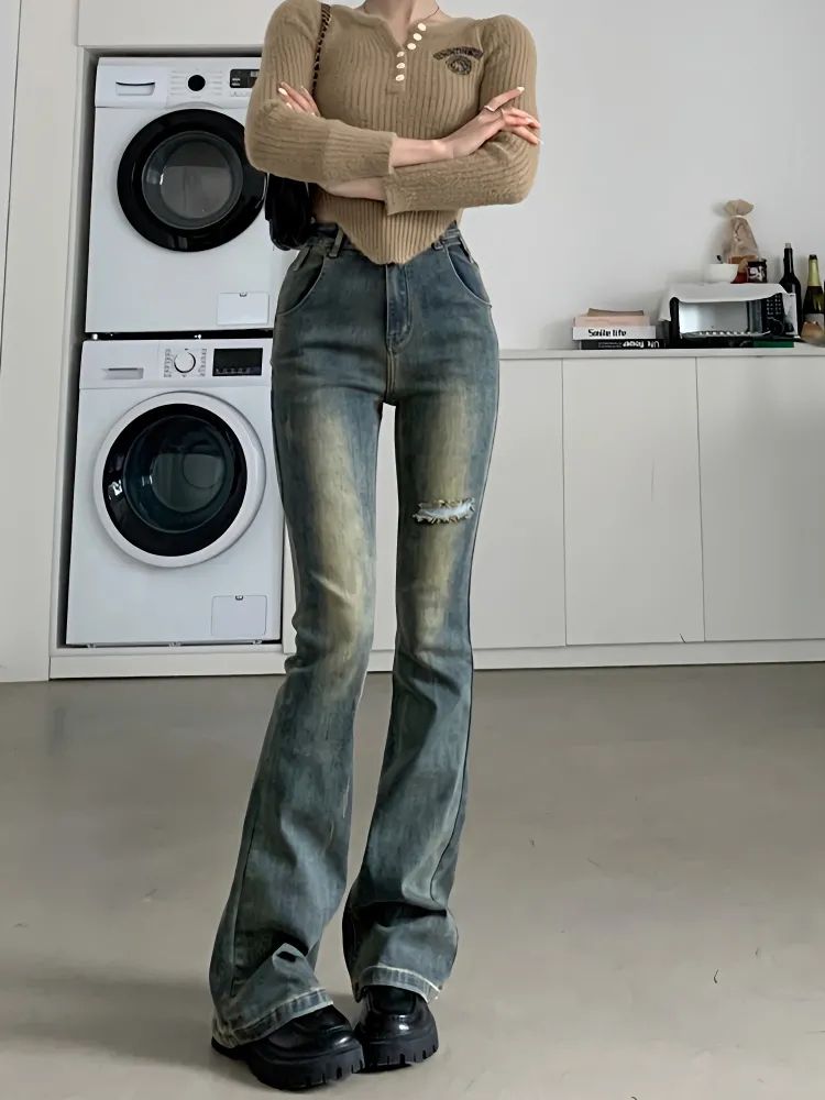 破洞微喇叭牛仔褲女秋季辣妹高腰緊身彈力顯瘦做舊直筒馬蹄褲子潮