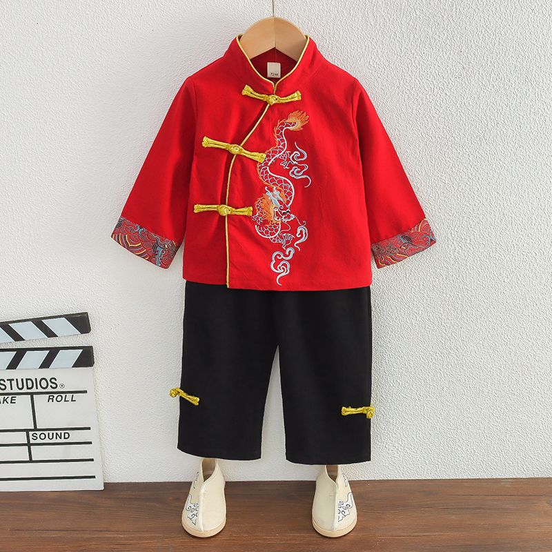 男童漢服秋裝女寶寶抓周禮服春秋古裝兒童裝中國風唐裝中秋表演服