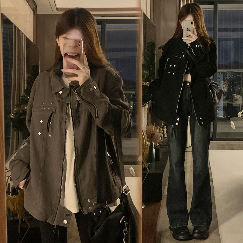 300斤特大碼美式工裝牛仔外套女秋裝新款胖mm設計感百搭夾克上衣2
