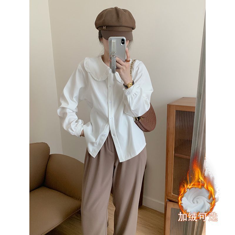 法式娃娃領長袖打底襯衫甜美秋冬裝保暖一體絨加絨加厚白色上衣女